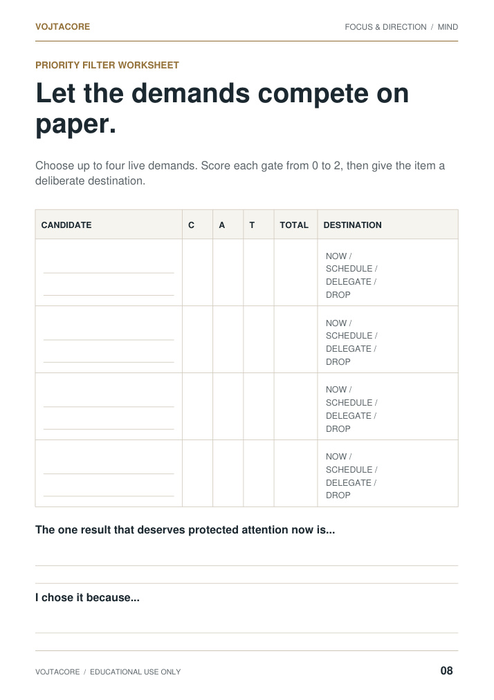 Priority Filter worksheet from Focus and Direction