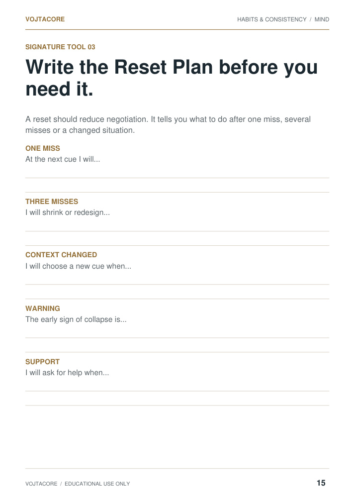Reset Plan worksheet from Habits and Consistency