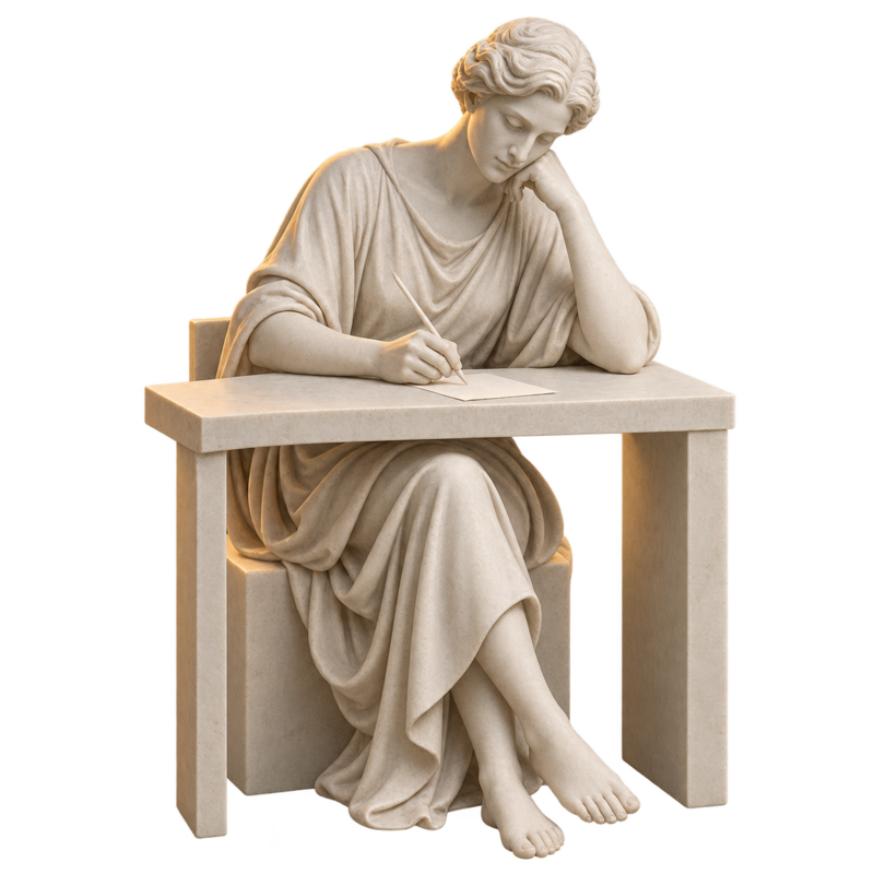 Stone figure focused on one page