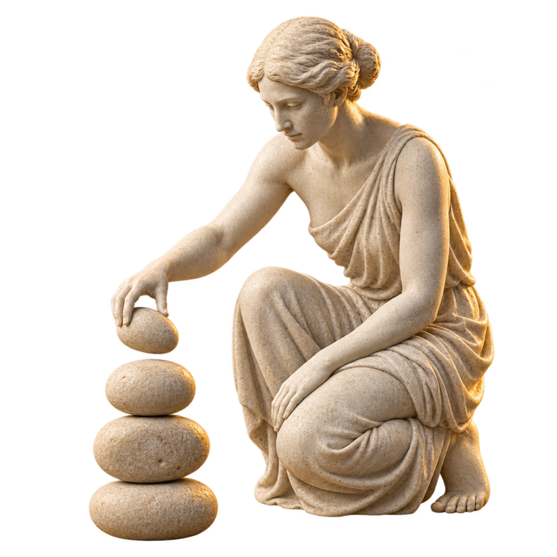 Stone figure building a balanced stack