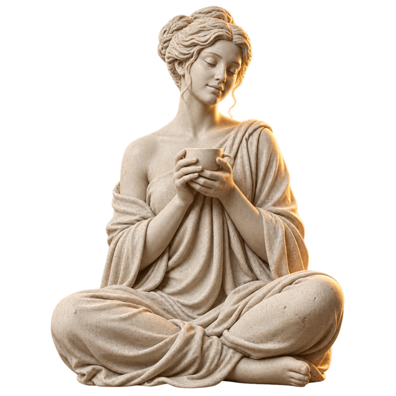 Stone figure quietly holding a cup