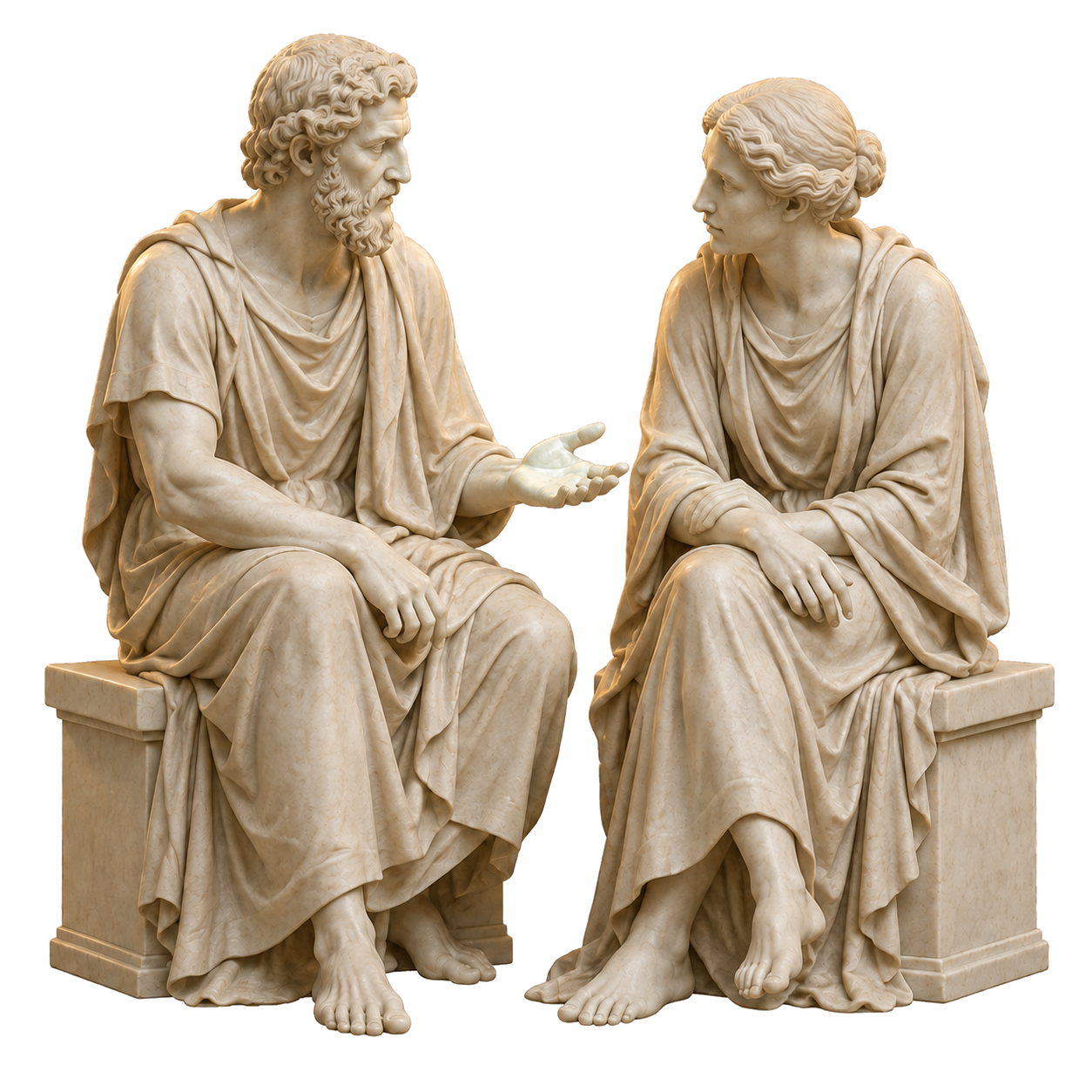 Two stone figures turning toward each other in conversation